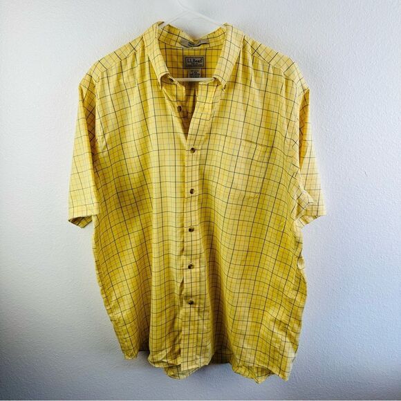 LL Bean Yellow Blue Plaid Short Sleeve Button Wrinkle Free Shirt Men’s Size L - Picture 1 of 3
